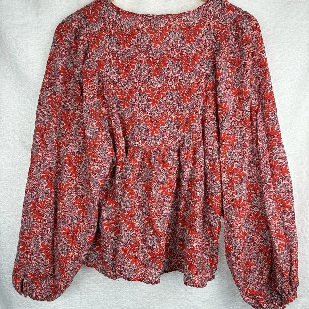 Solitaire Rust Orange Floral Peasant Blouse Balloon Sleeve Boho Top Size L Flaw - Picture 5 of 7